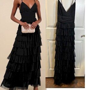 Radiant Event Black Mesh Tiered Pleated Backless Maxi Dress Size Small NWOT